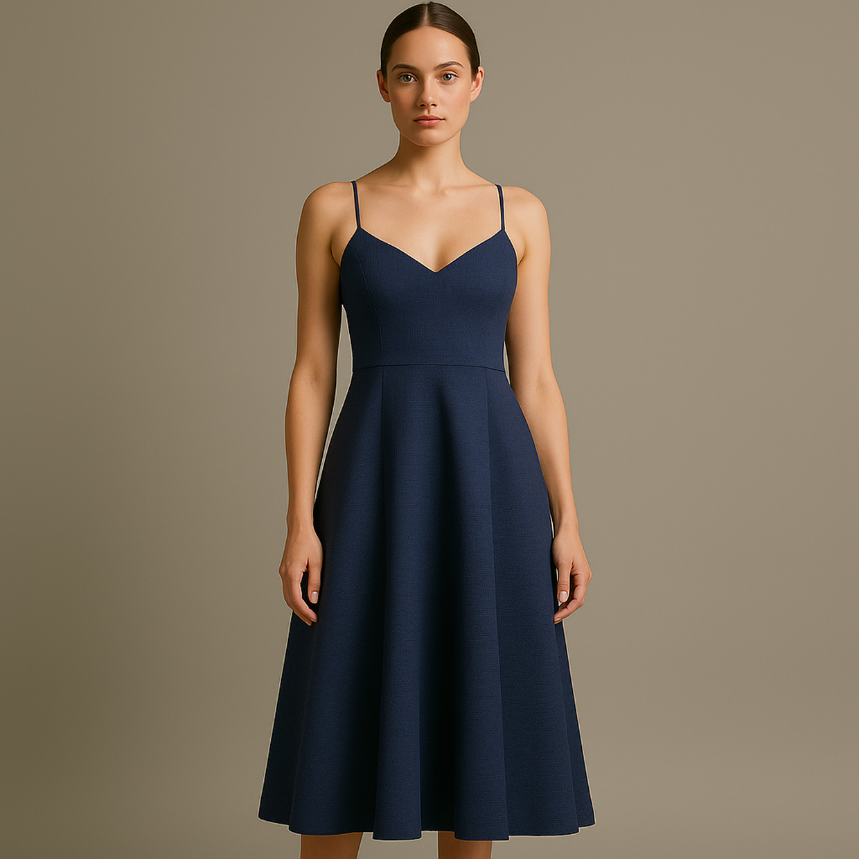Patrón de Vestido Midi Azul Marino con Tirantes Finos